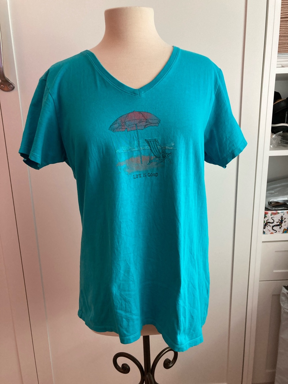 Life is Good v-neck t-shirt with beach graphic.